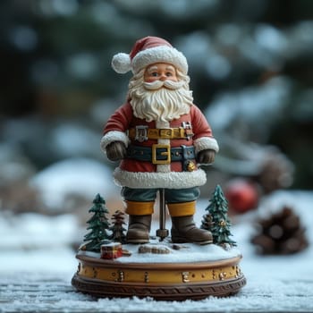 A charming Santa Claus figurine stands on a snowy base surrounded by trees evoking a festive winter atmosphere ready for the holidays.