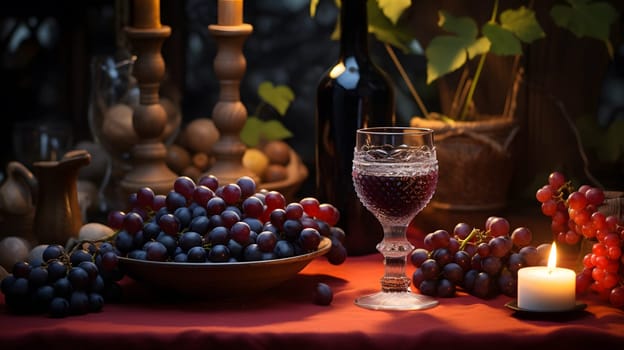Bottle and glass of wine with bunch of grapes. Neural network AI generated art