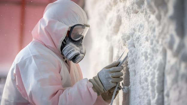 Man worker spraying polyurethane foam inside of future cottage. Neural network AI generated art
