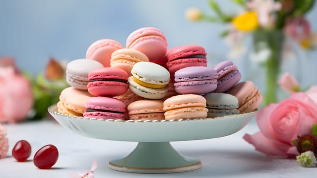 Plate with tasty macarons on table served for party. Neural network AI generated art