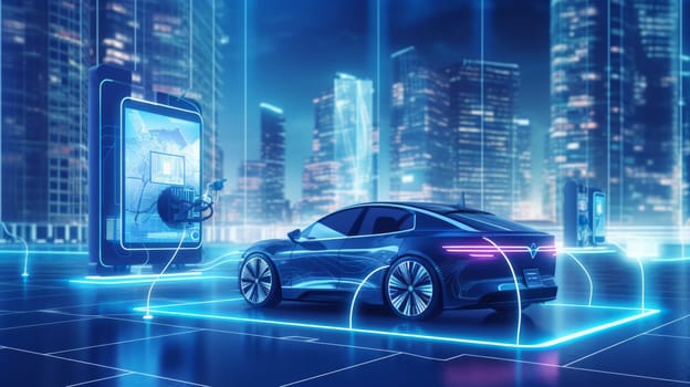 EV Car or Electric vehicle at charging station with the power cable supply plugged in on blurred nature with blue enegy power effect. Eco-friendly sustainable energy concept. Neural network AI generated art