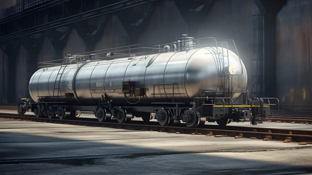Last tank with oil petroleum of the cargo train. Railway fuel supply. Neural network AI generated art