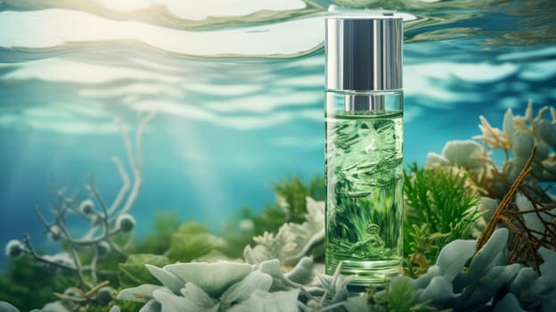 Cosmetic spa medical skincare against the backdrop of the underwater world. Neural network AI generated art