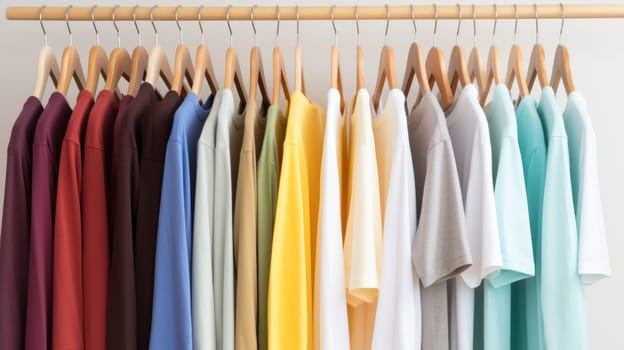 colorful of t-shirt with hangers in market, Fashion style. Neural network AI generated art