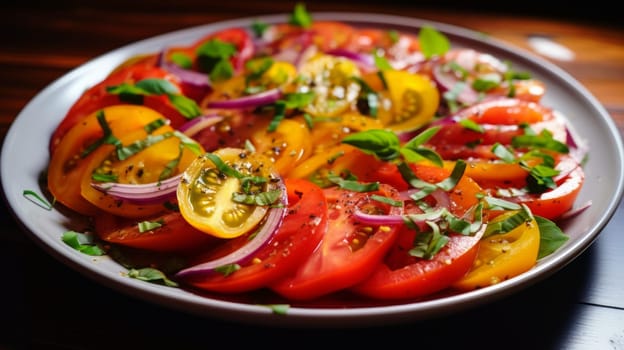 Plate with tomatoes, onions and basil. Neural network AI generated art
