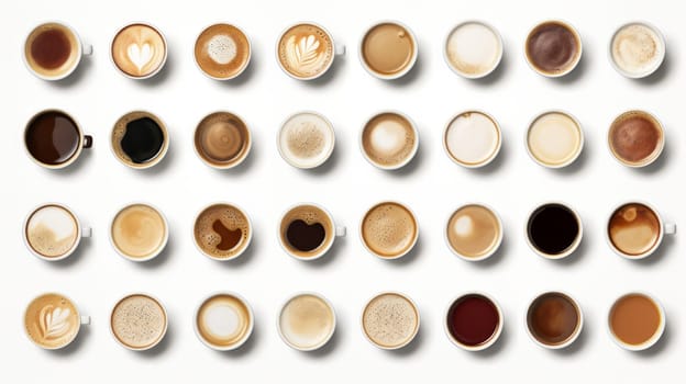 Many cups with tasty aromatic coffee on white background. Neural network AI generated art