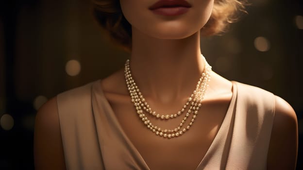 pearl necklace on neck of young model. Neural network AI generated art