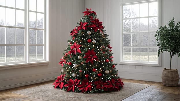 A 3D-rendered image of a beautifully decorated Christmas tree, adorned with simple white lights and vibrant red ornaments, capturing the essence of holiday elegance and charm.