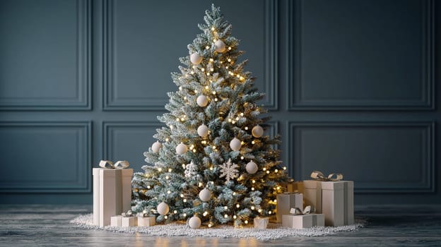 A refined 3D depiction of a Christmas tree, illuminated with soft white lights and adorned with matching white ornaments. The minimalistic and elegant design exudes sophistication, perfect for a serene and festive holiday ambiance.