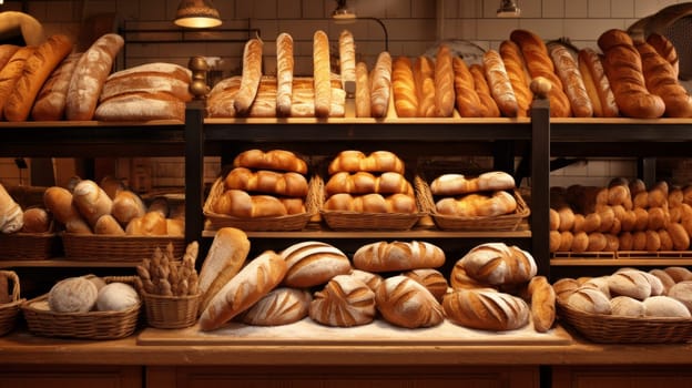 Fresh bread on shelves in a bakery, city market, different types of freshly baked bread. ai generated art image