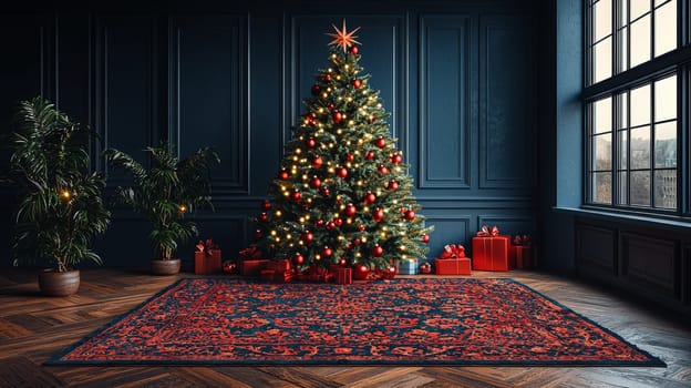 A 3D-rendered image of a beautifully decorated Christmas tree, adorned with simple white lights and vibrant red ornaments, capturing the essence of holiday elegance and charm.
