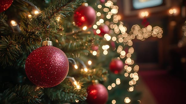A 3D-rendered image of a beautifully decorated Christmas tree, adorned with simple white lights and vibrant red ornaments, capturing the essence of holiday elegance and charm.