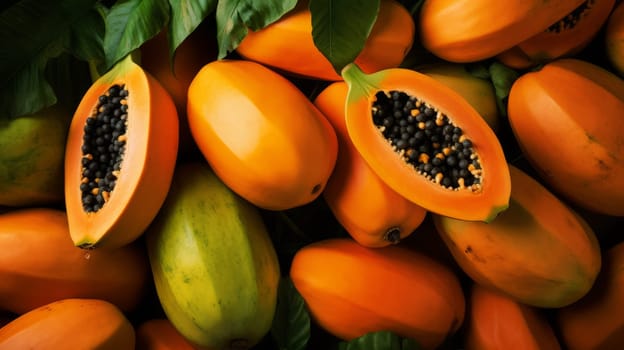 Beautiful papaya tree and red fruits and papaya juice. ai generated art image