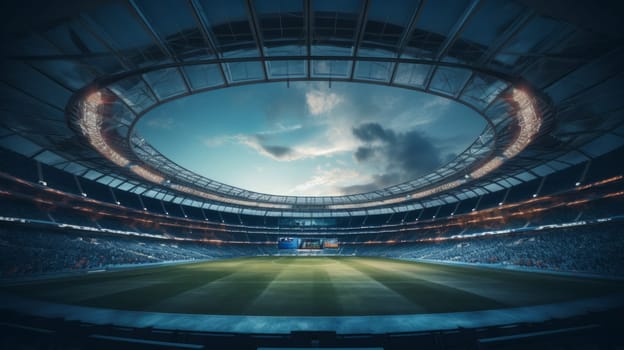 Wide angle shot of football or soccer stadium at night. Neural network ai generated art