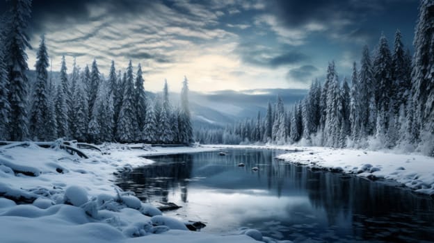Winter panoramic landscape with scenic frozen mountain lake and blue sky. Neural network ai generated art