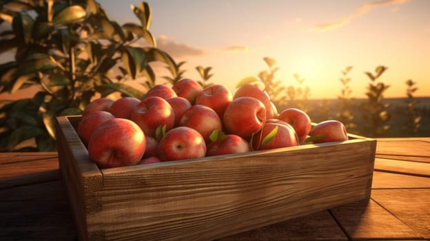 Harvest of apples in a box at sunset. ai generated art image