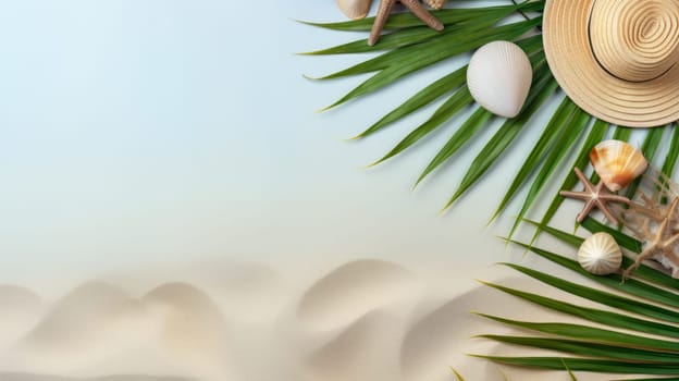Touristic beach hat, tropical leaf and underwater sea props on light background. Neural network ai generated art