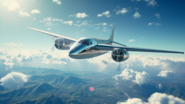 New and clean airplane float in cloudy sky. Neural network ai generated art