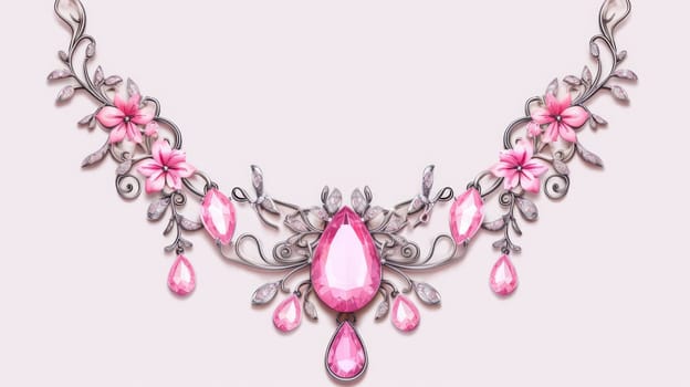 Beautiful silver and gold necklace with big pink diamond gem on white background. Neural network ai generated art