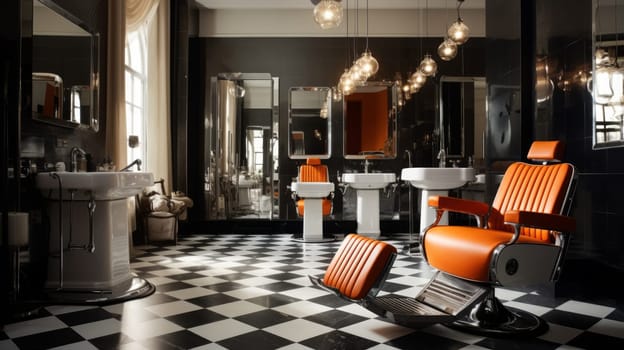 New empty chair near table with mirror in hairdressing salon. Neural network ai generated art
