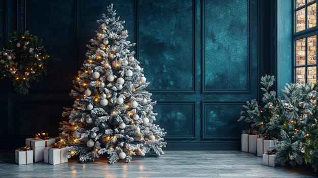 A refined 3D depiction of a Christmas tree, illuminated with soft white lights and adorned with matching white ornaments. The minimalistic and elegant design exudes sophistication, perfect for a serene and festive holiday ambiance.