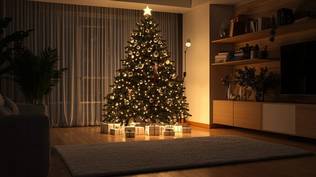 A refined 3D depiction of a Christmas tree, illuminated with soft white lights and adorned with matching white ornaments. The minimalistic and elegant design exudes sophistication, perfect for a serene and festive holiday ambiance.