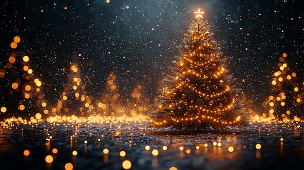 A striking 3D illustration of a Christmas tree, illuminated with soft white lights and adorned with vibrant orange ornaments. This unique and modern holiday design adds warmth and contemporary charm, creating a festive atmosphere that stands out.