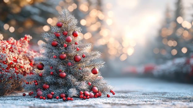 A 3D-rendered image of a beautifully decorated Christmas tree, adorned with simple white lights and vibrant red ornaments, capturing the essence of holiday elegance and charm.