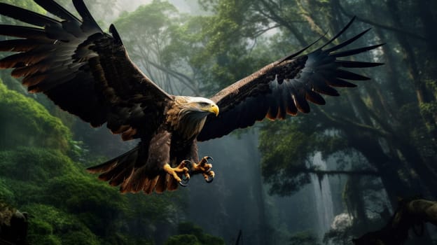 Bald eagle and rainforest jungle beautiful green background. Neural network ai generated art