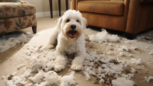 Naughty dog. Cute sorry looking guilty dog with chewed up stuffing mess. Neural network ai generated art