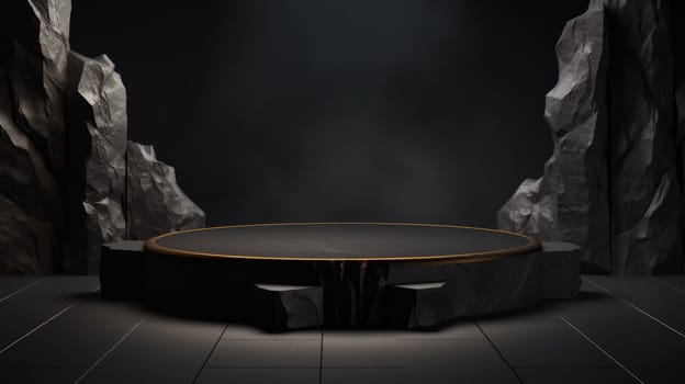 Dark grey flat marble stone podium stand for cosmetics and product display among rocks. Neural network ai generated art