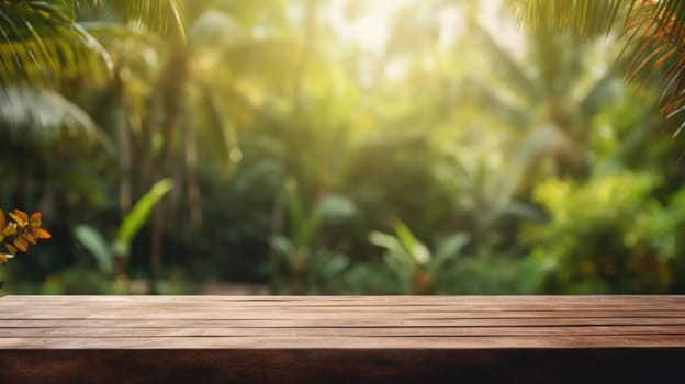 Wood tabletop counter podium floor in outdoors tropical garden forest blurred green leaf plant nature background. Neural network ai generated art
