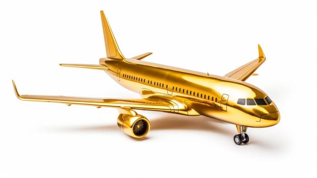 Golden Jet Passengers Airplane on a white background. Neural network ai generated art
