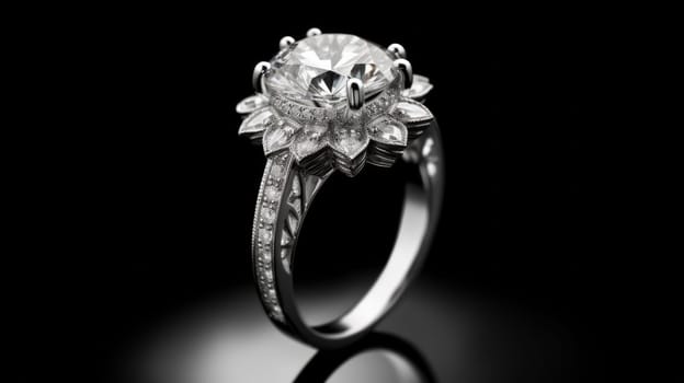 Diamond solitaire ring closeup in dark environment. Neural network ai generated art