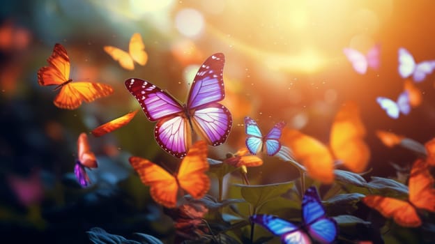 Many butterflies with colored wings float among fairy flowers in forest. Neural network ai generated art