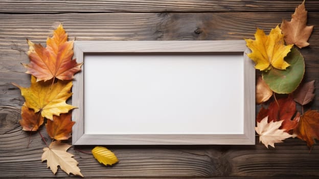 Autumn leaf composition with picture frame. Neural network ai generated art