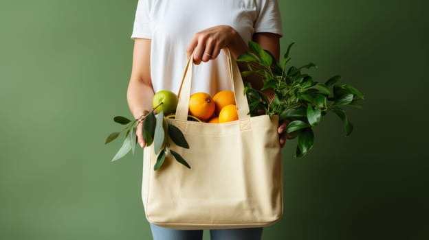 Eco cloth bag with vegetables in hands of consumer. Neural network ai generated art