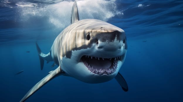Ocean shark bottom view from below. Open toothy dangerous mouth with many teeth. Neural network ai generated art