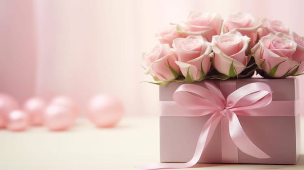 Luxury fresh bouquet of pink roses in gift box on pastel background. Neural network ai generated art