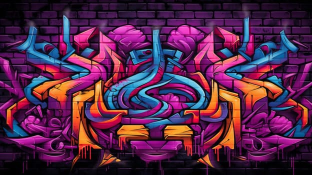 Street art abstract graffiti piece on purple brick wall. Neural network ai generated art