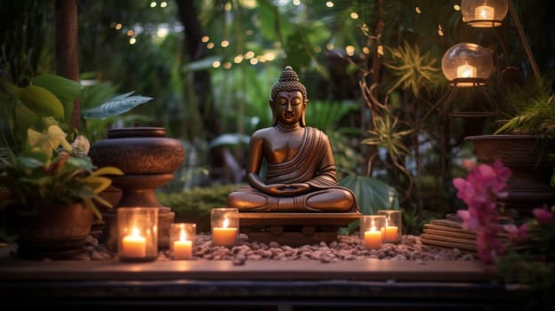 Buddha statue and many small candles in tropical jungle exterior. Neural network ai generated art