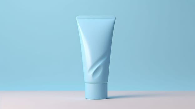 Moisturiser hand cosmetic cream blue plastic tube mockup on light background front view. Neural network ai generated art