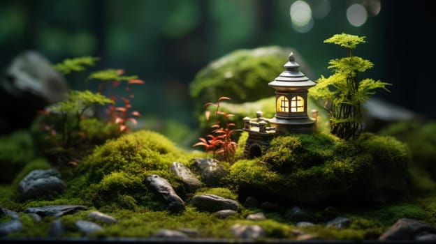 Small stone building in mossy rocks with small stones and grass. Neural network ai generated art