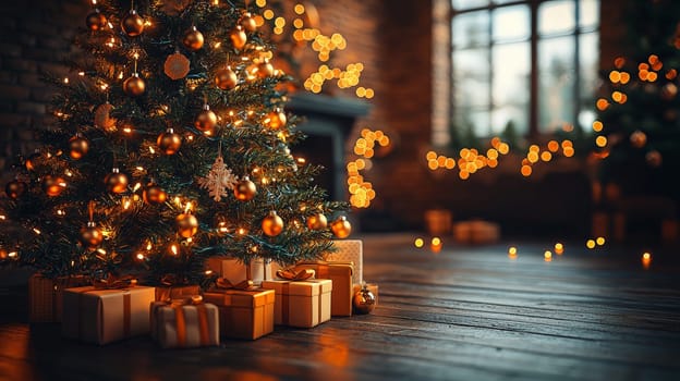 A striking 3D illustration of a Christmas tree, illuminated with soft white lights and adorned with vibrant orange ornaments. This unique and modern holiday design adds warmth and contemporary charm, creating a festive atmosphere that stands out.