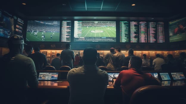 Many people watch statistics on big monitors in betting room or sports bar. Neural network ai generated art