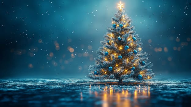 A beautifully rendered 3D illustration of a Christmas tree adorned with soft white lights and stylish blue ornaments. This modern yet timeless design evokes a serene and festive holiday atmosphere, perfect for celebrating the season with elegance and charm.