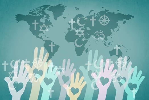 World religion day, people with symbols of different religious belief, Christianity, Islam, Hinduism, Buddhism, Judaism faith, worldwide celebration