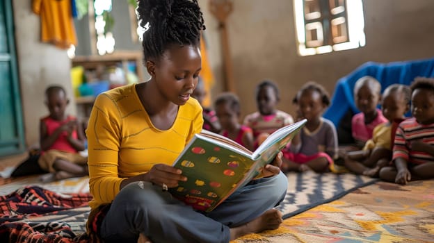 A young teacher reads a book to children while sitting