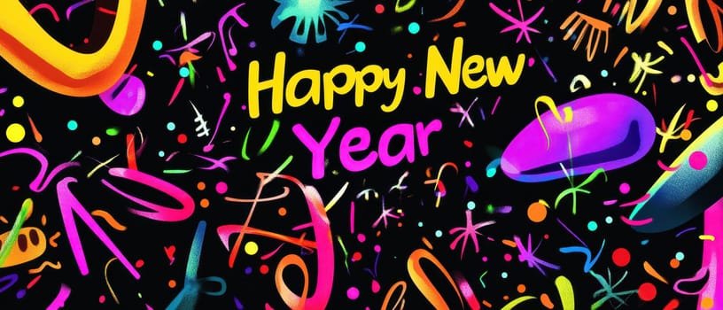 Bright colorful graphics celebrate the New Year with joyful designs and festive confetti on a dark background.