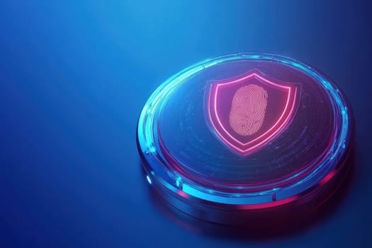 A futuristic fingerprint scanner featuring a shield shape design, highlighted in vibrant neon colors. Ideal for technology and security themes in visual projects.